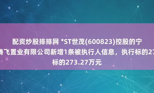 配资炒股排排网 *ST世茂(600823)控股的宁波世茂新腾飞置业有限公司新增1条被执行人信息，执行标的273.27万元